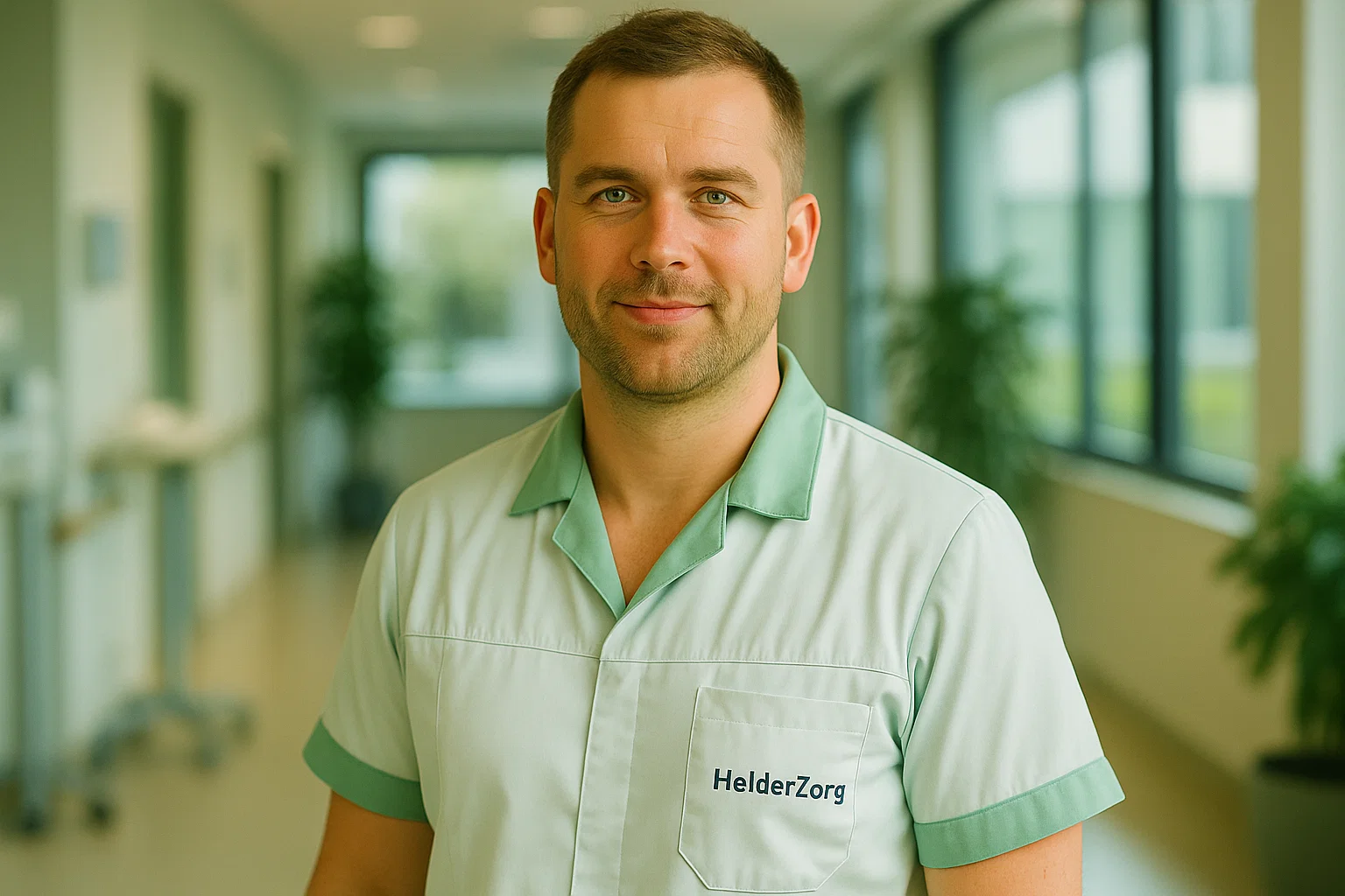 Manager zorginstelling in moderne zorglocatie, HelderZorg uniform